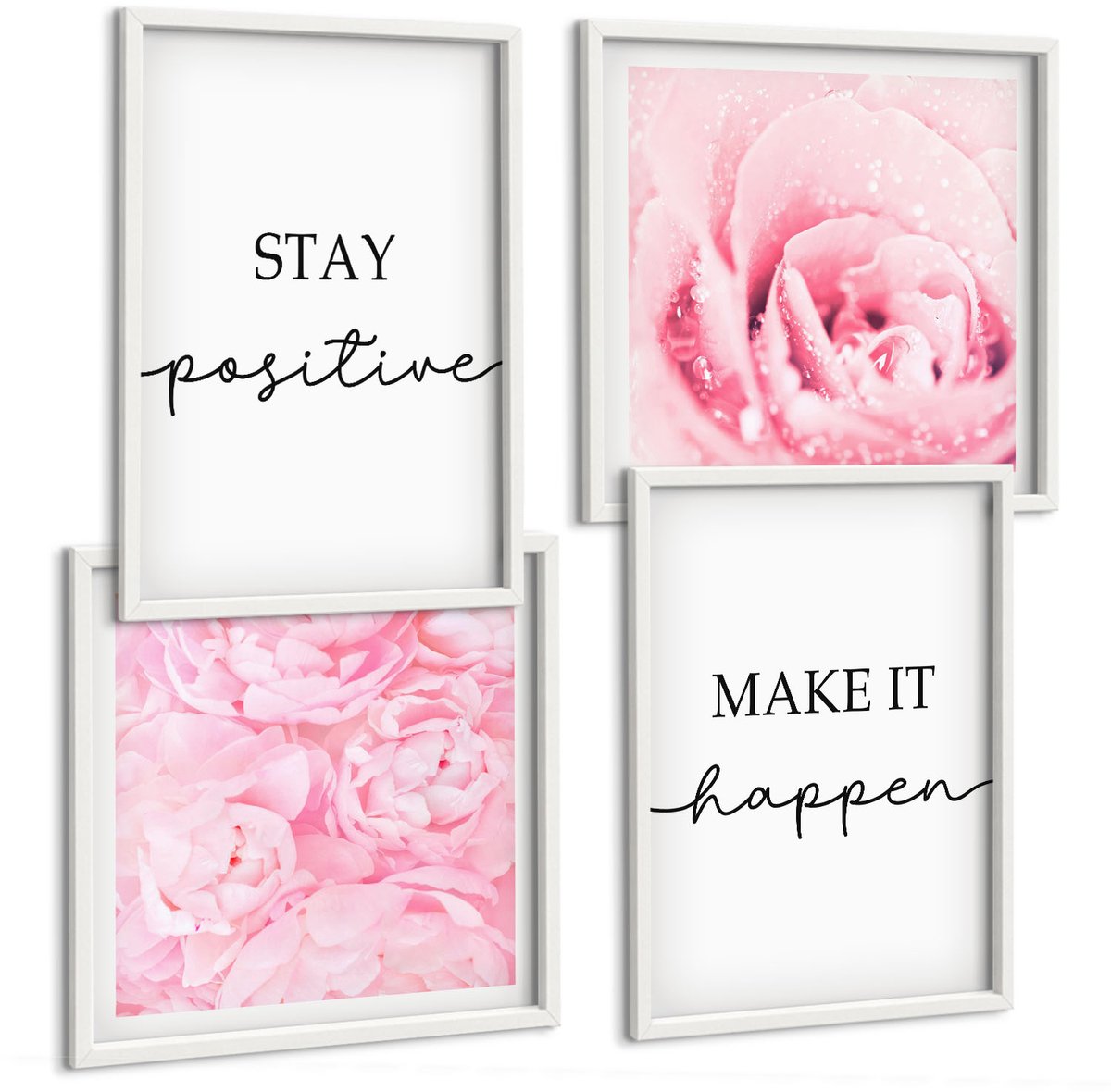 Tulup 4-Delige Schilderij Set - Minimalistische, inspirerende roze bloemenletters - 40x40 en 40x60 - Wanddecoratie - Muurdecoratie - Woonkamer - Stijlvolle Muurdecoratie