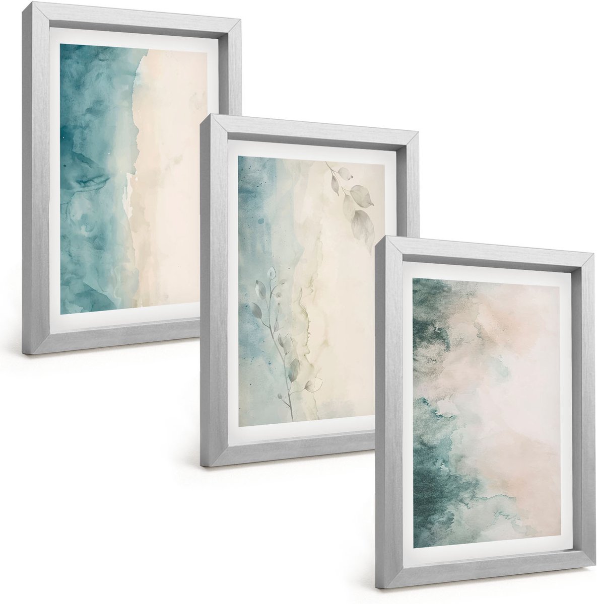 TULUP 4-Delige Schilderij Set - Aquarellen op canvas in minimalistische stijl - 20 x 30 cm - Wanddecoratie - Muurdecoratie - Woonkamer - Decoratieve Schilderijen Zilveren lijst