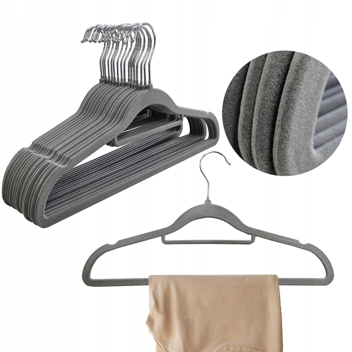 Set van 10 Grijze Velours Kledinghangers - Ruimtebesparend & Antislip