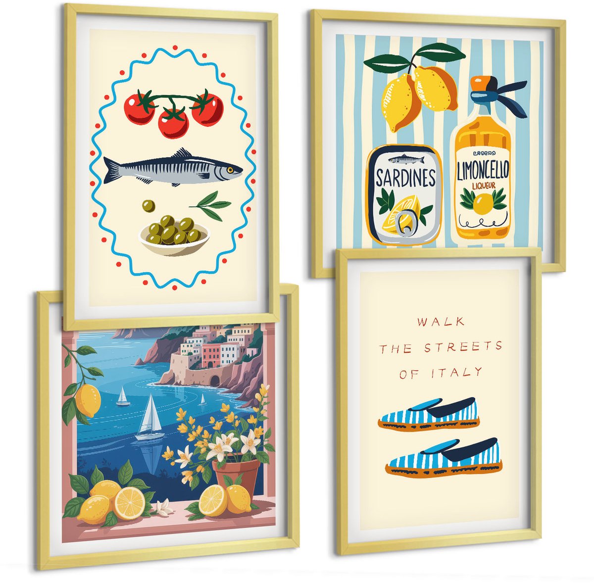 TULUP 4-Delige Schilderij Set - Italiaanse smaken en levensstijl in kleurrijke afbeeldingen - 40 x 40 cm en 40 x 60 cm - Muurdecoratie - Decoratieve Schilderijen - Wohnzimmer - Woonkamer Decoratie Gouden lijst