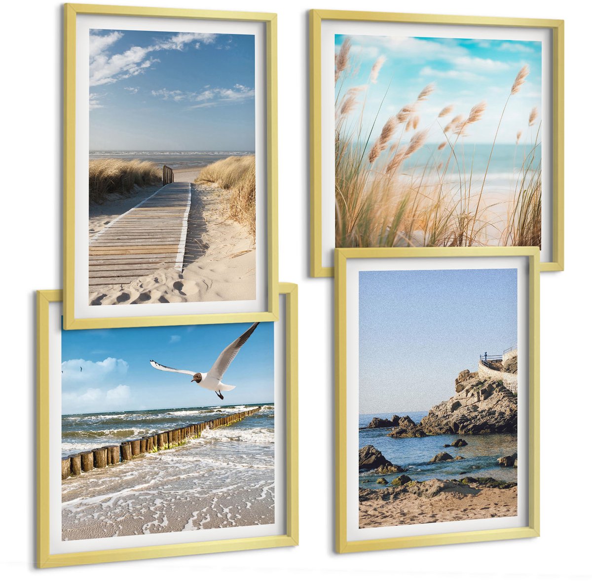 TULUP 4-Delige Schilderij Set - Strand met een houten pad, zee en kliffen aan zee. - 40 x 40 cm en 40 x 60 cm - Stijlvolle Wanddecoratie - Interieur - Decoratieve Schilderijen Gouden lijst