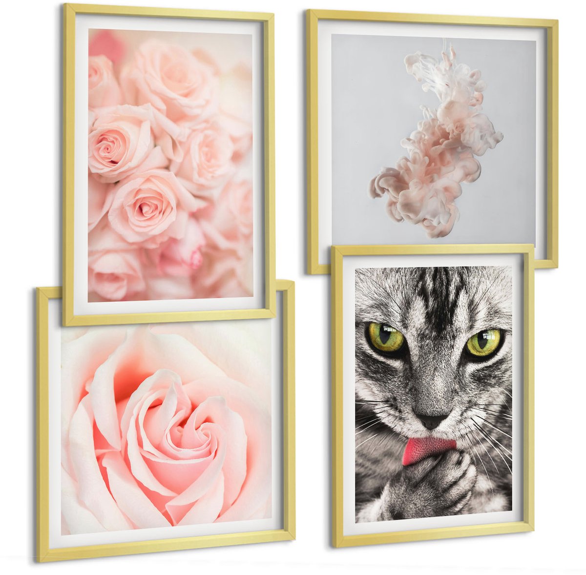 TULUP 4-Delige Schilderij Set - Grijze kat, delicate rozen, subtiele abstractie - 40 x 40 cm en 40 x 60 cm - Moderne Wanddecoratie - Slaapkamer - Woonkamer Decoratie Gouden lijst