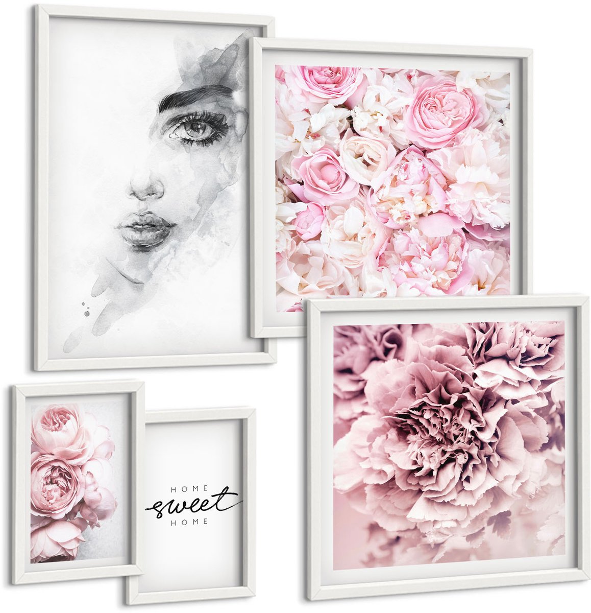 Tulup 4-Delige Schilderij Set - Bloemaccenten met een portret en de tekst "Over Home" - 50 x 50 cm, 20 x 30 cm en 40 x 60 cm - Wanddecoratie - Muurdecoratie - Moderne Interieurdecoratie - Decoratieve Schilderijen