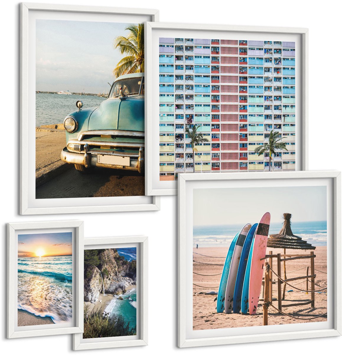 Tulup 4-Delige Schilderij Set - Stijlvolle strandlandschappen met auto's en surfers - 50 x 50 cm, 20 x 30 cm en 40 x 60 cm - Muurdecoratie - Wanddecoratie - Slaapkamer