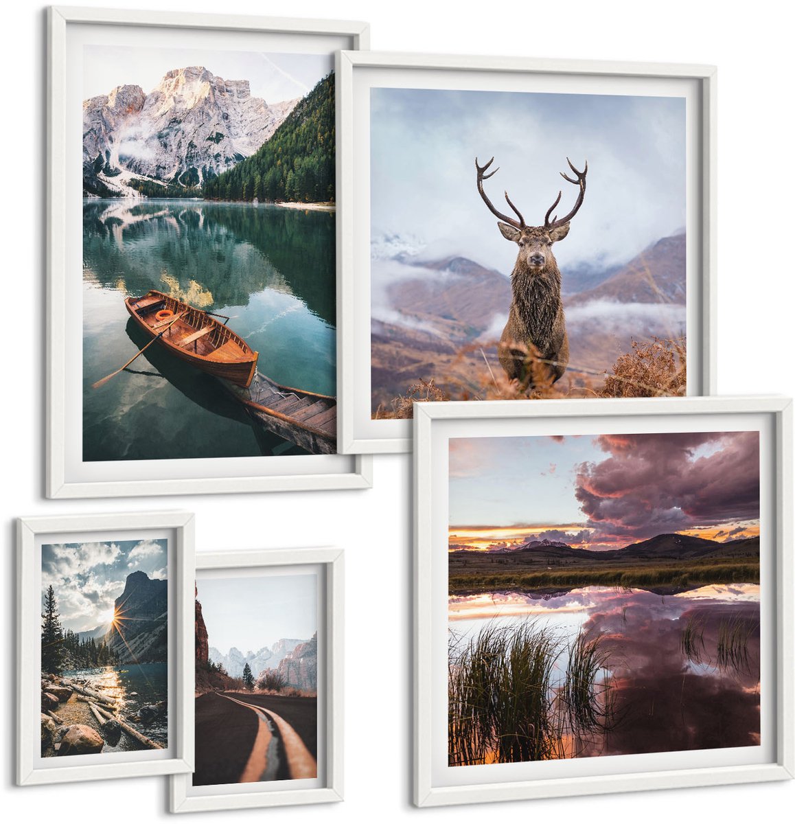 Tulup 4-Delige Schilderij Set - Natuurlandschappen met bergen, meren en wilde dieren. - 50 x 50 cm, 20 x 30 cm en 40 x 60 cm - Wanddecoratie - Moderne Interieurdecoratie - Muurdecoratie