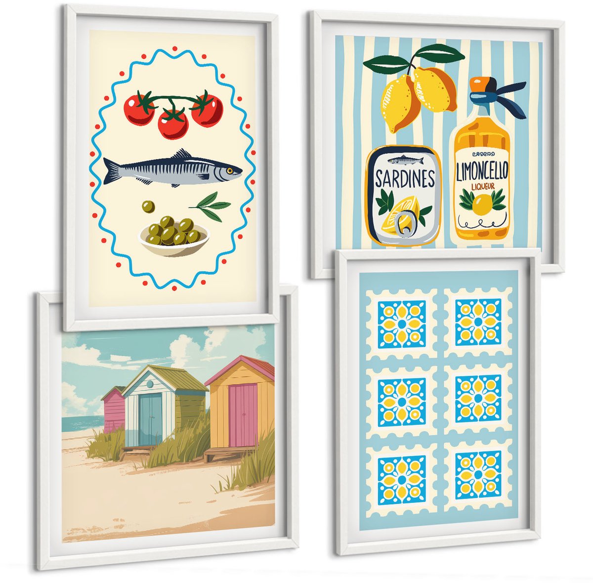 Tulup 4-Delige Schilderij Set - Illustraties van keukens in mediterrane stijl - 40x40 en 40x60 - Wanddecoratie - Schilderijen Set - Interieur