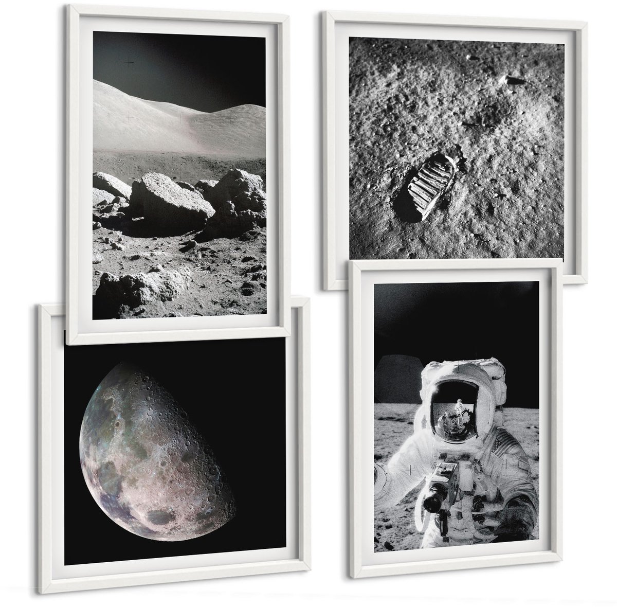 Tulup 4-Delige Schilderij Set - Maanfoto's met astronaut en voetafdruk - 40x40 en 40x60 - Decoratieve Schilderijen - Wanddecoratie - Hal