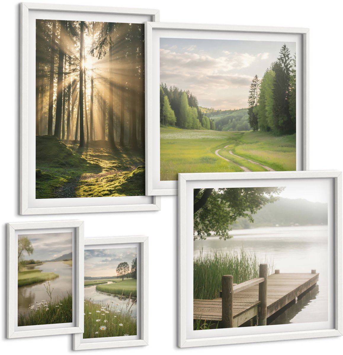 Tulup 4-Delige Schilderij Set - Boslandschappen met zonnestralen en kalm water - 50 x 50 cm, 20 x 30 cm en 40 x 60 cm - Decoratieve Muurdecoratie - Slaapkamer - Stijlvolle Muurdecoratie