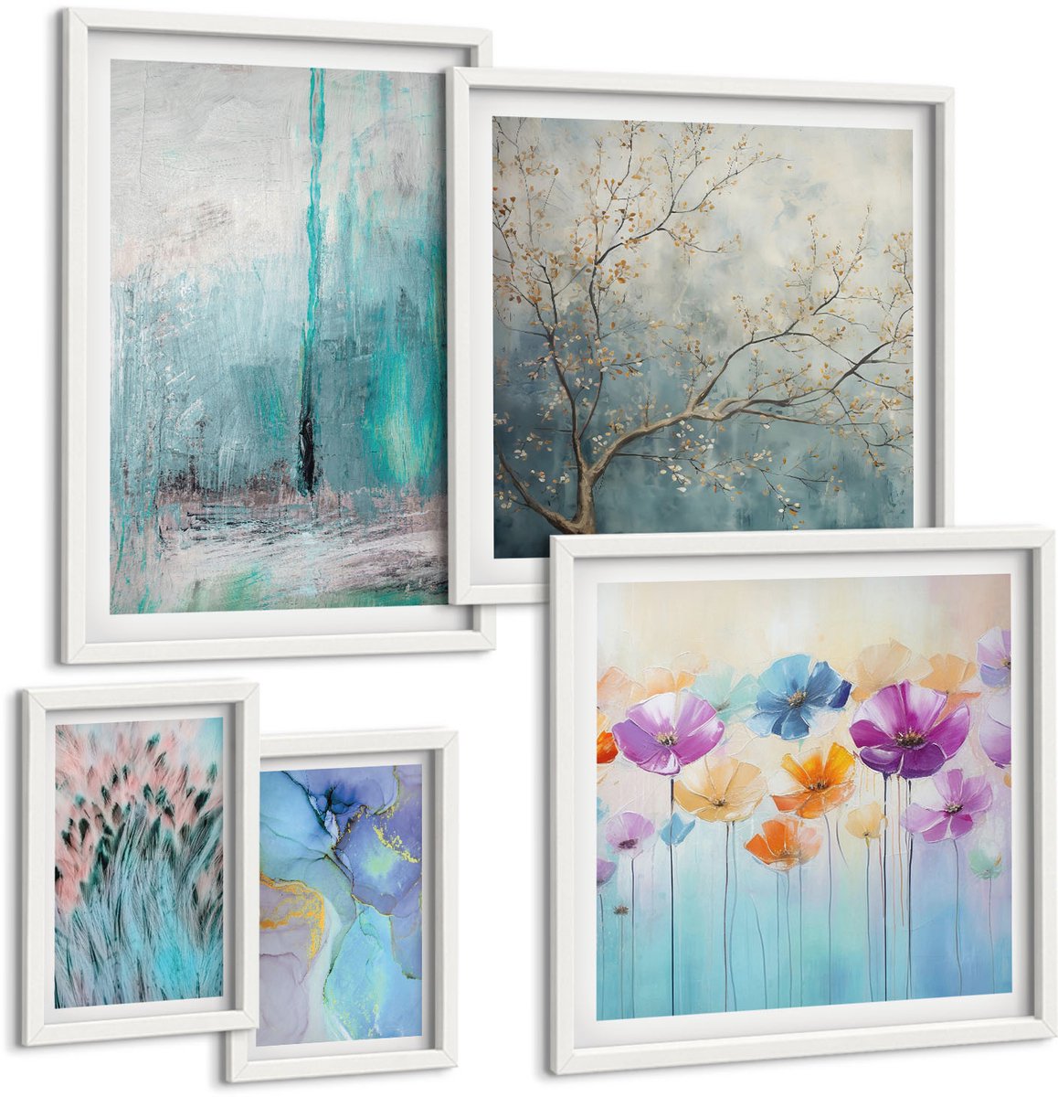 Tulup 4-Delige Schilderij Set - Abstracte landschappen met bloemen en delicate motieven - 50 x 50 cm, 20 x 30 cm en 40 x 60 cm - Schilderijen Set - Wanddecoratie - Woonkamer - Stijlvolle Muurdecoratie
