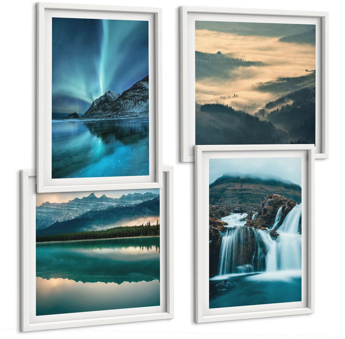Tulup 4-Delige Schilderij Set - Winterlandschappen met watervallen en het noorderlicht - 40x40 en 40x60 - Wanddecoratie - Schilderijen Set - Kantoor - Muurdecoratie