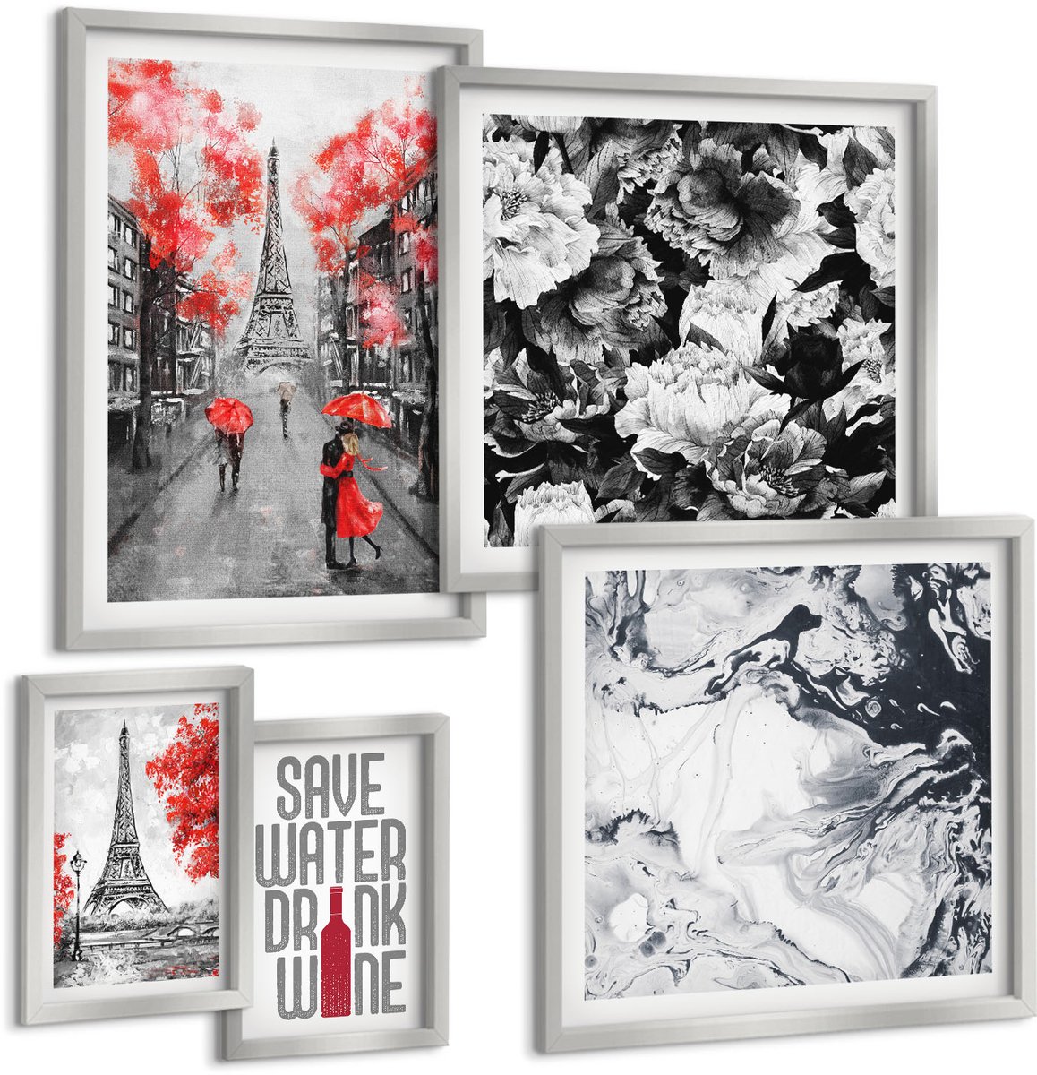 TULUP 4-Delige Schilderij Set - Parijse uitzichten met bloemen en abstracte patronen - 50 x 50 cm, 20 x 30 cm en 40 x 60 cm - Wanddecoratie - Muurdecoratie - Moderne Interieurdecoratie Zilveren lijst