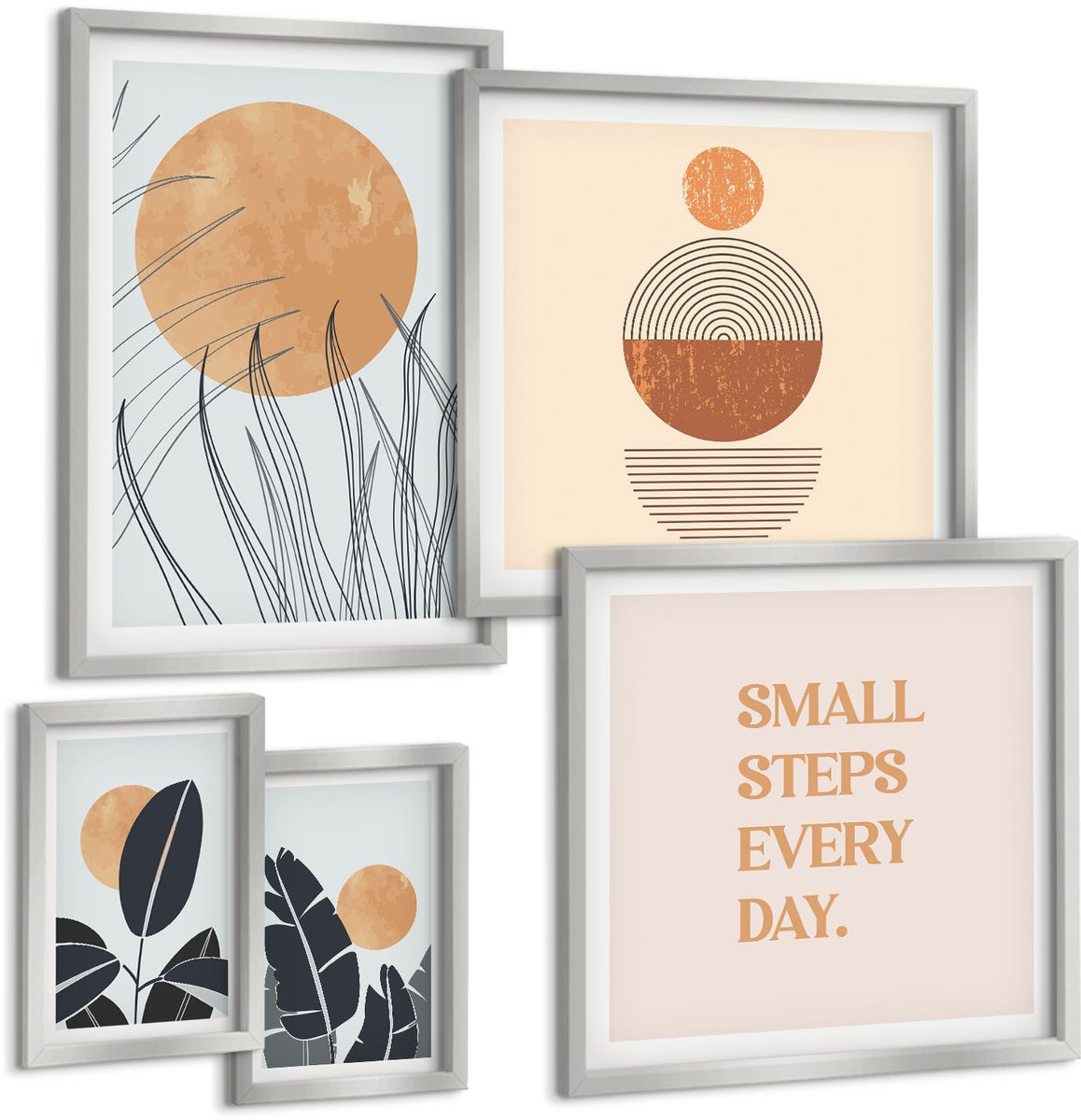 TULUP 4-Delige Schilderij Set - Stijlvolle afbeeldingen met plantmotieven en inspirerende slogans. - 50 x 50 cm, 20 x 30 cm en 40 x 60 cm - Stijlvolle Muurdecoratie - Slaapkamer - Decoratieve Schilderijen Zilveren lijst