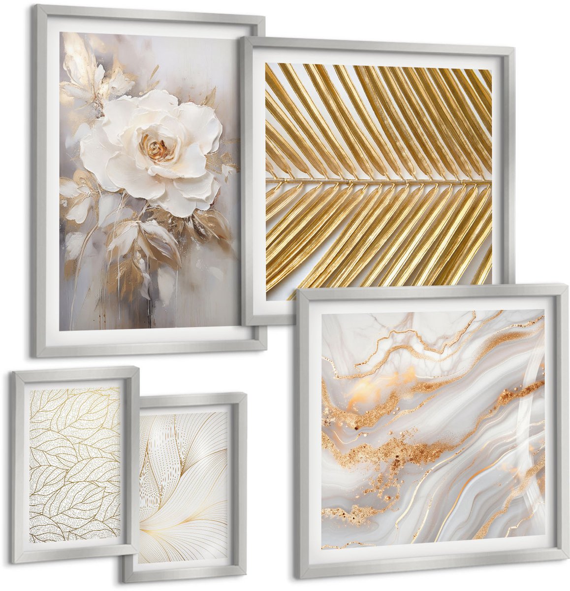 TULUP 4-Delige Schilderij Set - Stijlvolle plantmotieven met delicate bloemen en bladeren. - 50 x 50 cm, 20 x 30 cm en 40 x 60 cm - Stijlvolle Muurdecoratie - Kantoor - Interieur Decoratie Zilveren lijst