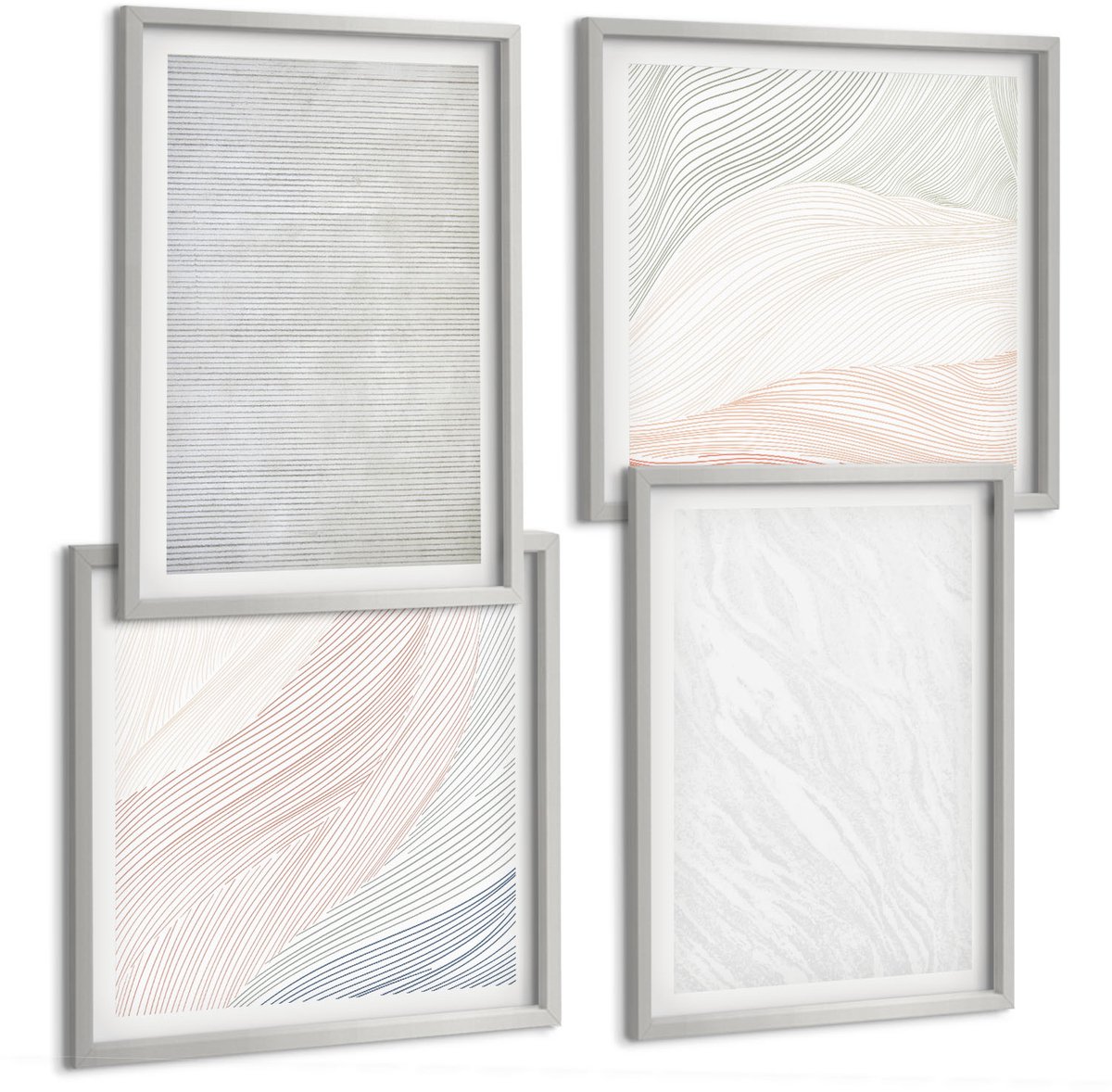 TULUP 4-Delige Schilderij Set - Heldere structuren, snaarpatronen op zand - 40 x 40 cm en 40 x 60 cm - Moderne Wanddecoratie - Slaapkamer - Decoratieve Schilderijen Zilveren lijst