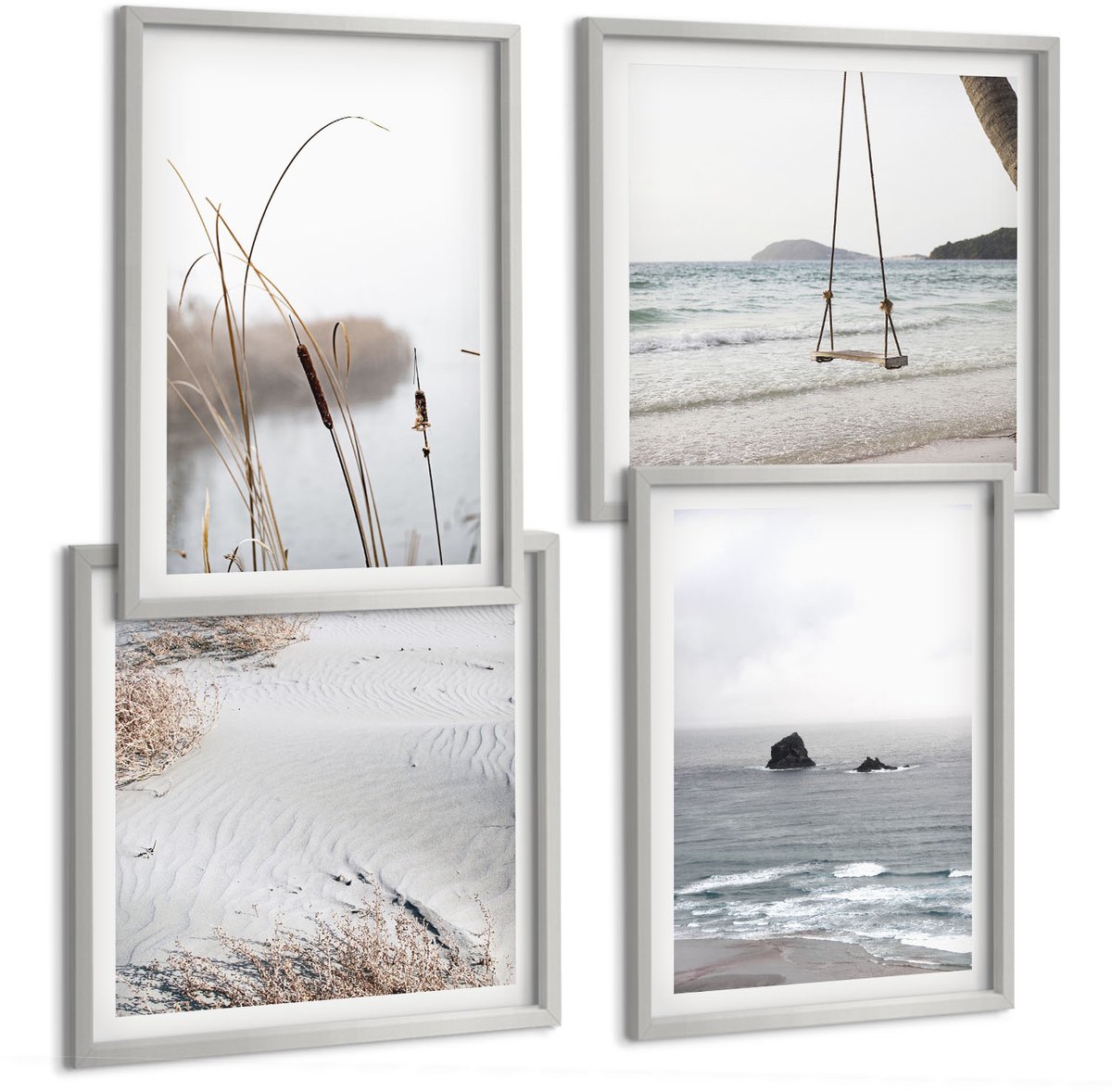 TULUP 4-Delige Schilderij Set - Waterplanten, delicate zomergezichten - 40 x 40 cm en 40 x 60 cm - Stijlvolle Muurdecoratie - Kantoor - Moderne Wanddecoratie Zilveren lijst
