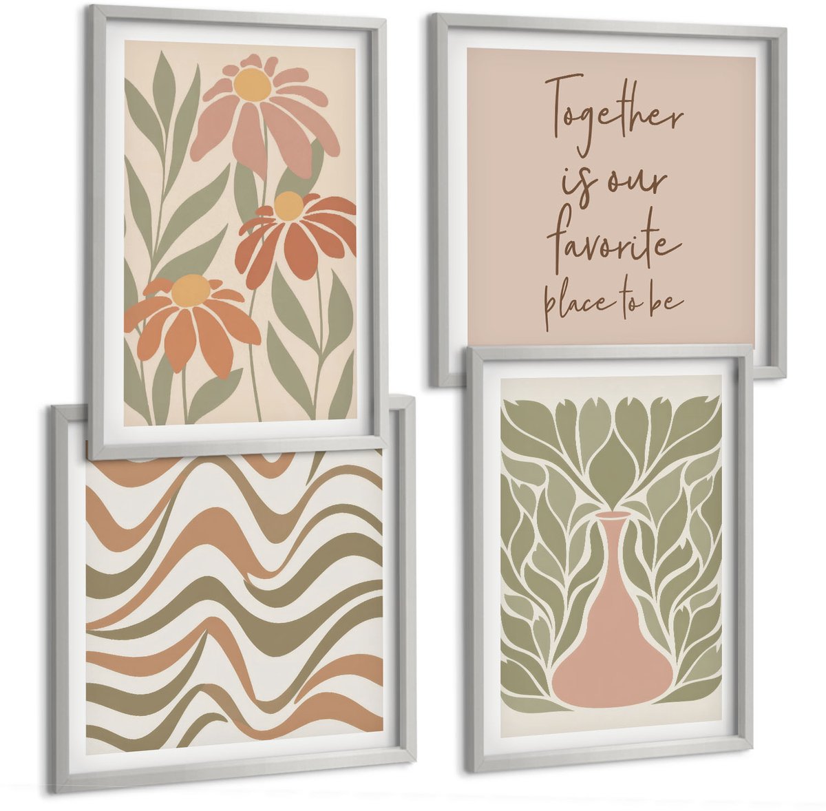 TULUP 4-Delige Schilderij Set - Pastelkleurige bloemenillustraties Abstracte belettering - 40 x 40 cm en 40 x 60 cm - Stijlvolle Muurdecoratie - Kantoor Zilveren lijst