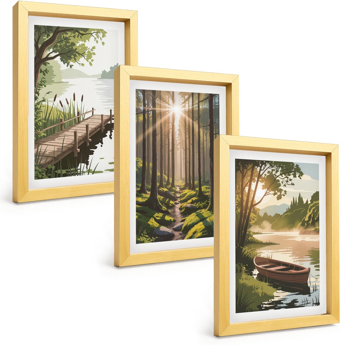 TULUP 4-Delige Schilderij Set - Rustige landschappen van bos en meer met een boot - 20 x 30 cm - Muurdecoratie - Decoratieve Schilderijen - Wohnzimmer - Moderne Wanddecoratie Gouden lijst