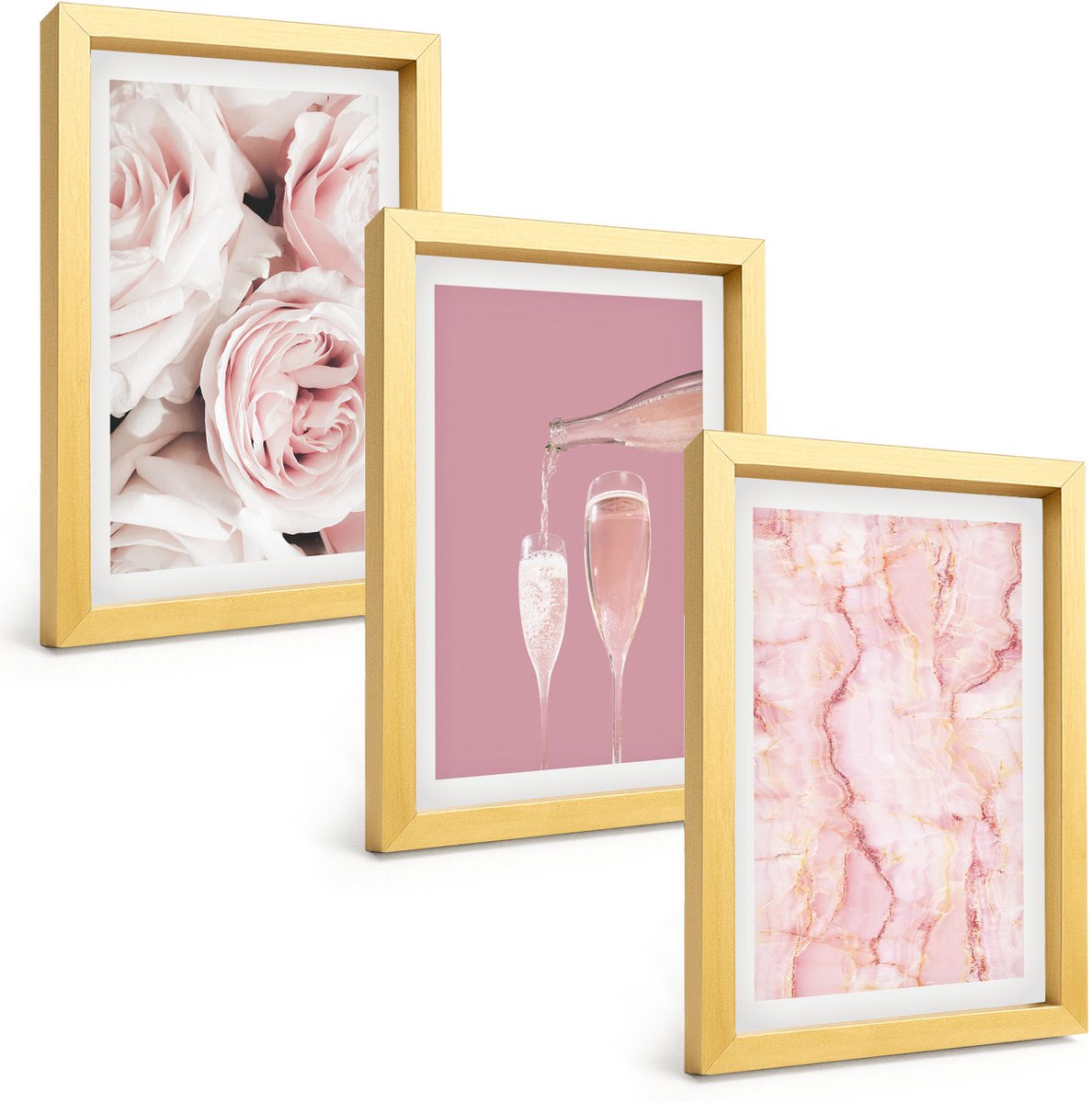 TULUP 4-Delige Schilderij Set - Champagnekleurige rozen en een pastelkleurige marmeren achtergrond - 20 x 30 cm - Muurdecoratie - Wanddecoratie - Slaapkamer - Stijlvolle Muurdecoratie Gouden lijst