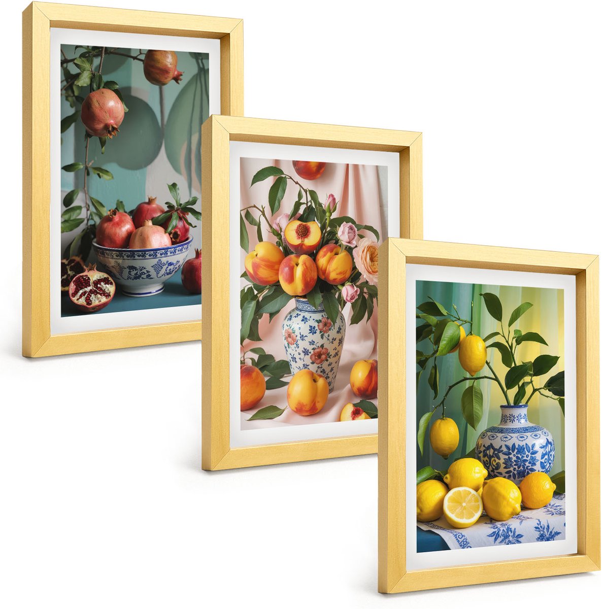 TULUP 4-Delige Schilderij Set - Granaatappels, perziken en citroenen in vazen - 20 x 30 cm - Stijlvolle Wanddecoratie - Interieur - Decoratieve Schilderijen Gouden lijst