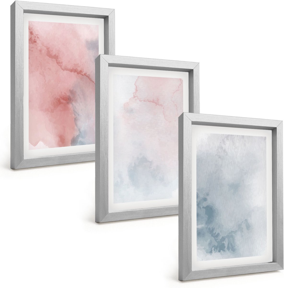 TULUP 4-Delige Schilderij Set - Pastelkleurige aquarelverf op canvas met kleurrijke texturen - 20 x 30 cm - Decoratieve Muurdecoratie - Slaapkamer - Decoratieve Schilderijen Zilveren lijst
