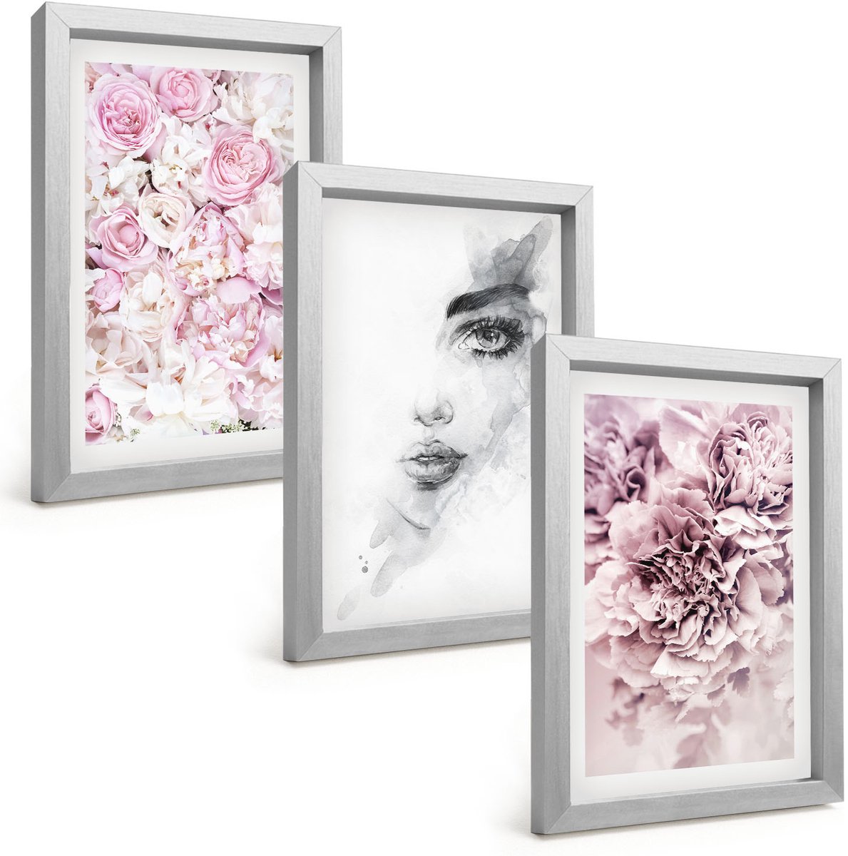 Tulup 4-Delige Schilderij Set - Delicate Peonies Zwart-wit Portret van een vrouw - 20 x 30 cm - Muurdecoratie - Interieur Decoratie