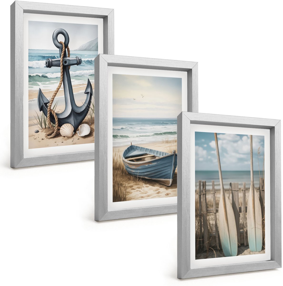 Tulup 4-Delige Schilderij Set - Bootanker en roeispanen op het strand met de zee - 20 x 30 cm - Moderne Wanddecoratie - Woonkamer