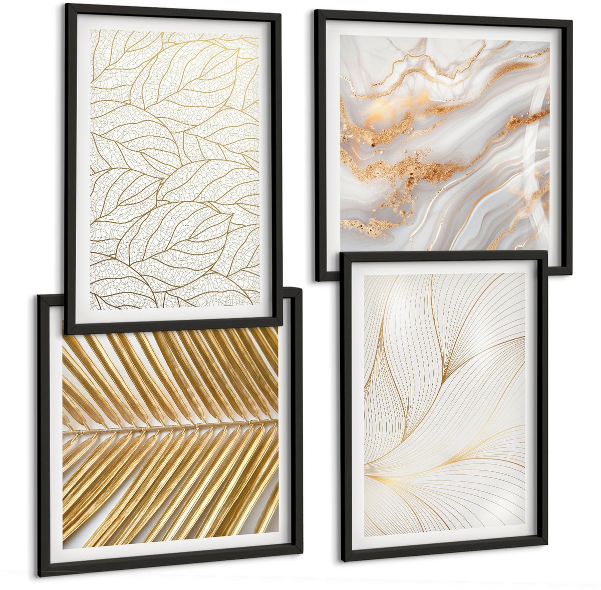 Tulup 4-Delige Schilderij Set - Lineaire bladpatronen Abstract marmer - 40 x 40 cm en 40 x 60 cm - Moderne Wanddecoratie - Woonkamer