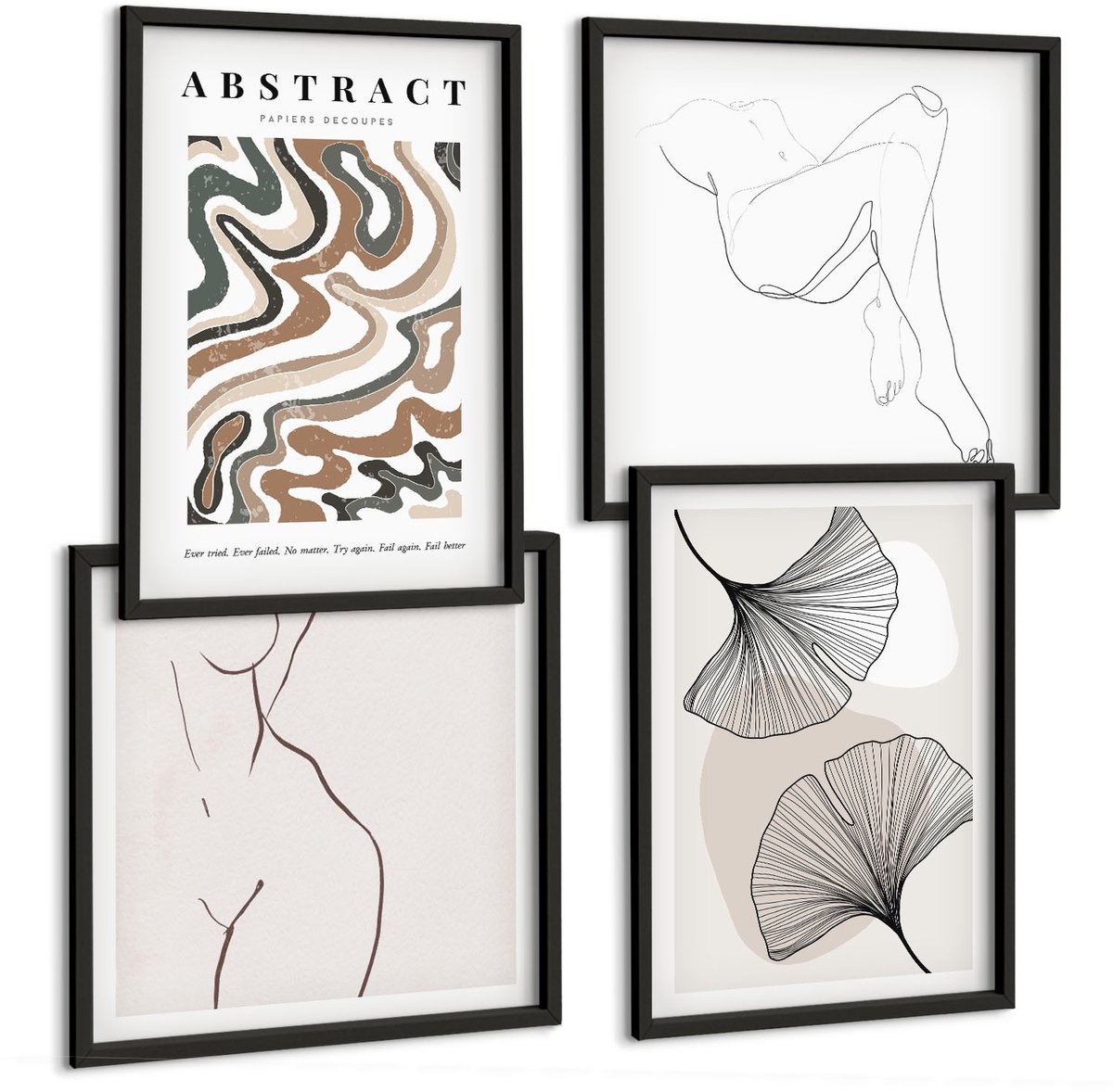 Tulup 4-Delige Schilderij Set - Abstracte poster met vrouwelijke vormen en bladeren in boho-stijl. - 40 x 40 cm en 40 x 60 cm - Muurdecoratie - Decoratieve Schilderijen - Wohnzimmer - Moderne Wanddecoratie