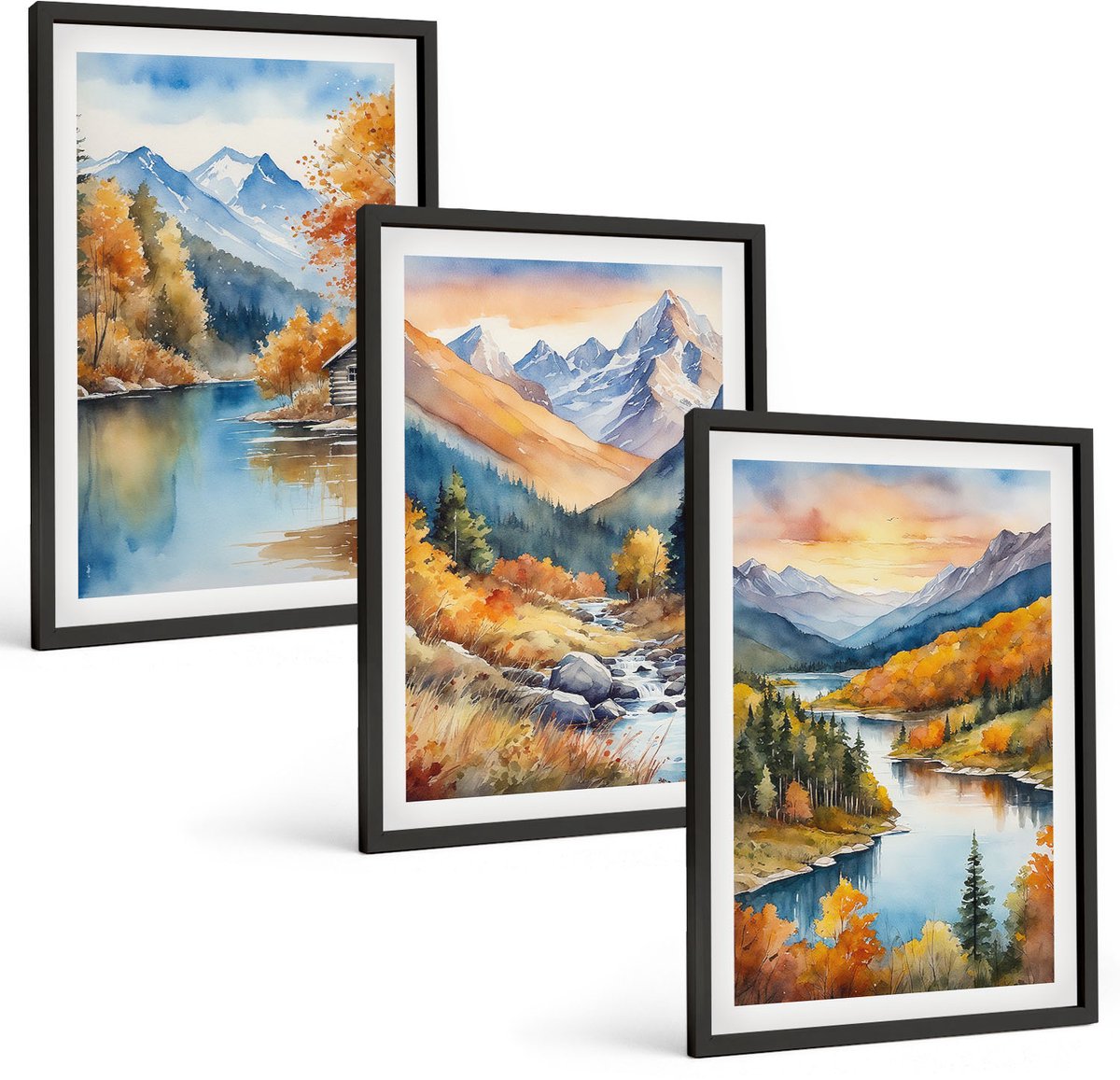 Tulup 4-Delige Schilderij Set - Berglandschap met een rivier en herfstbomen - 40 x 60 cm - Wanddecoratie - Moderne Interieurdecoratie