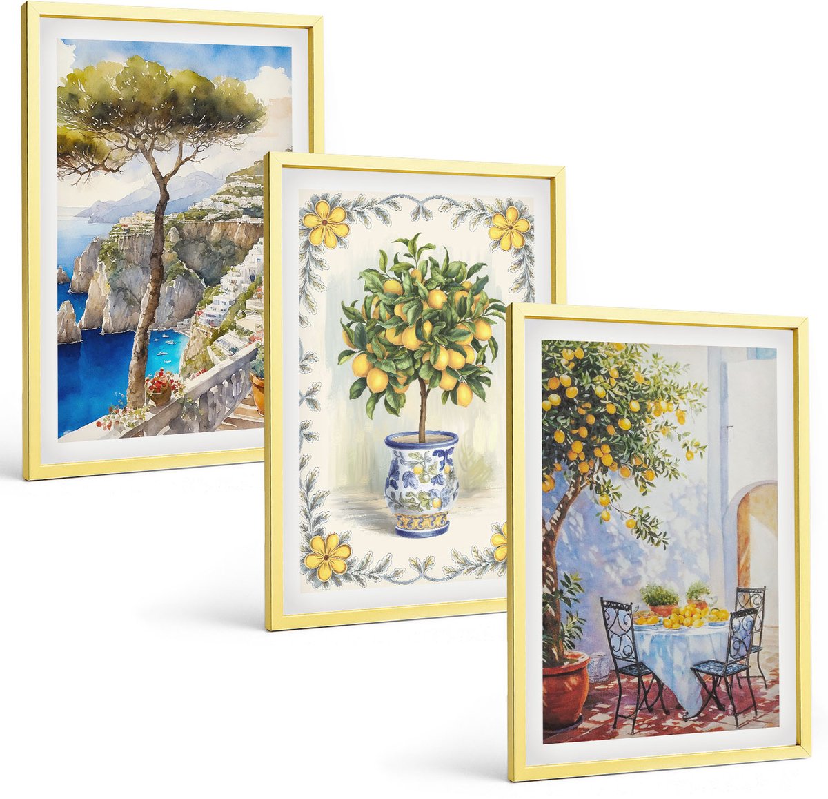 TULUP 4-Delige Schilderij Set - Uitzicht op zee met citroenbomen - 40 x 60 cm - Wanddecoratie - Schilderijen Set - Interieur - Woonkamer Decoratie Gouden lijst