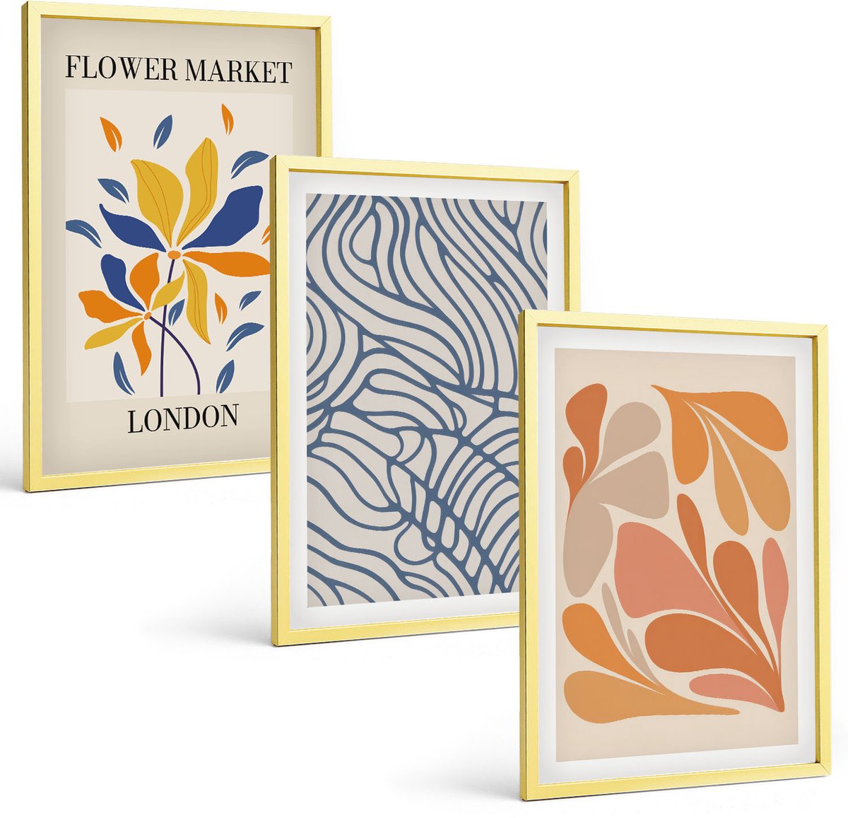 TULUP 4-Delige Schilderij Set - Moderne bloemen met abstracte patronen - 40 x 60 cm - Decoratieve Schilderijen - Wanddecoratie - Hal Gouden lijst