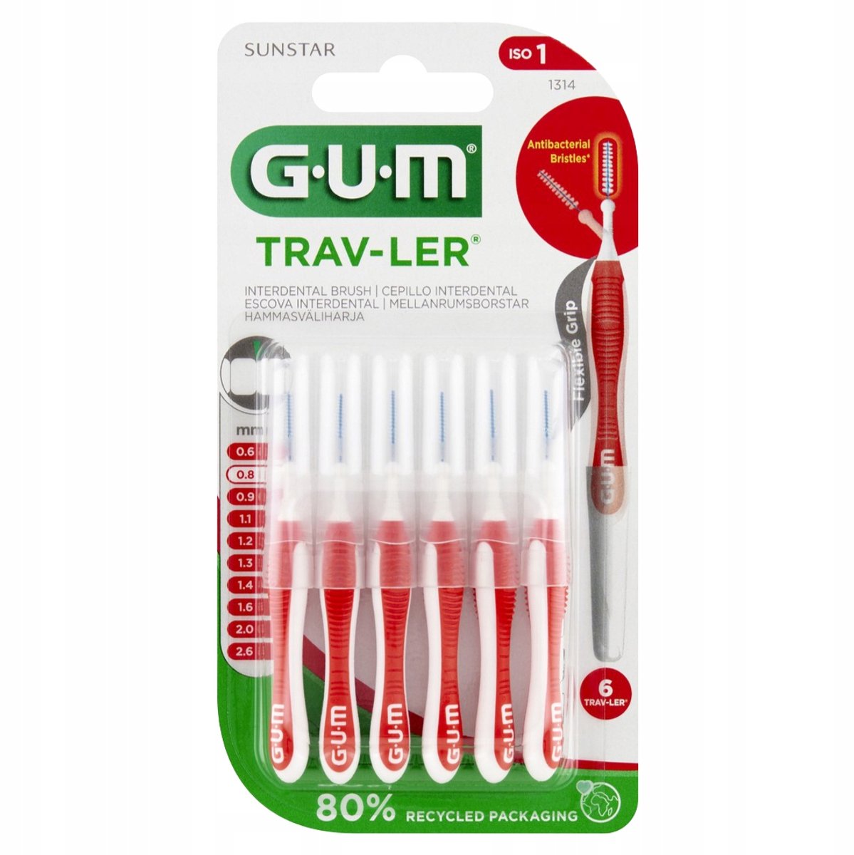 GUM TRAV-LER Interdentale borstelharen 0,8 mm Rood - 6 stuks