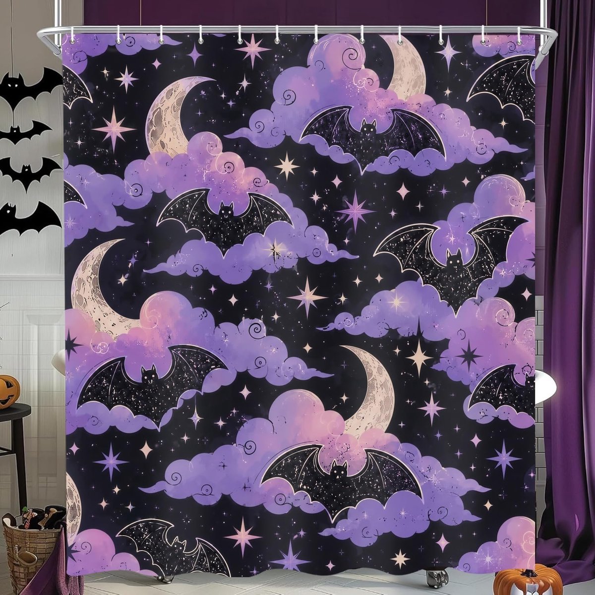 Halloween douchegordijn, 180 x 200 cm, paarse maan, vleermuispatroon, griezelig, gothic, waterdicht, badgordijn - ShopVlot