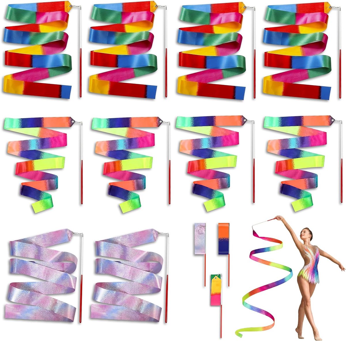 10 Stuks Gymnastiekband met Staaf, 2 m Regenboogkleurig Ritmisch Sportgymnastieklint, Satijnen Draaiende Danslinten - ShopVlot