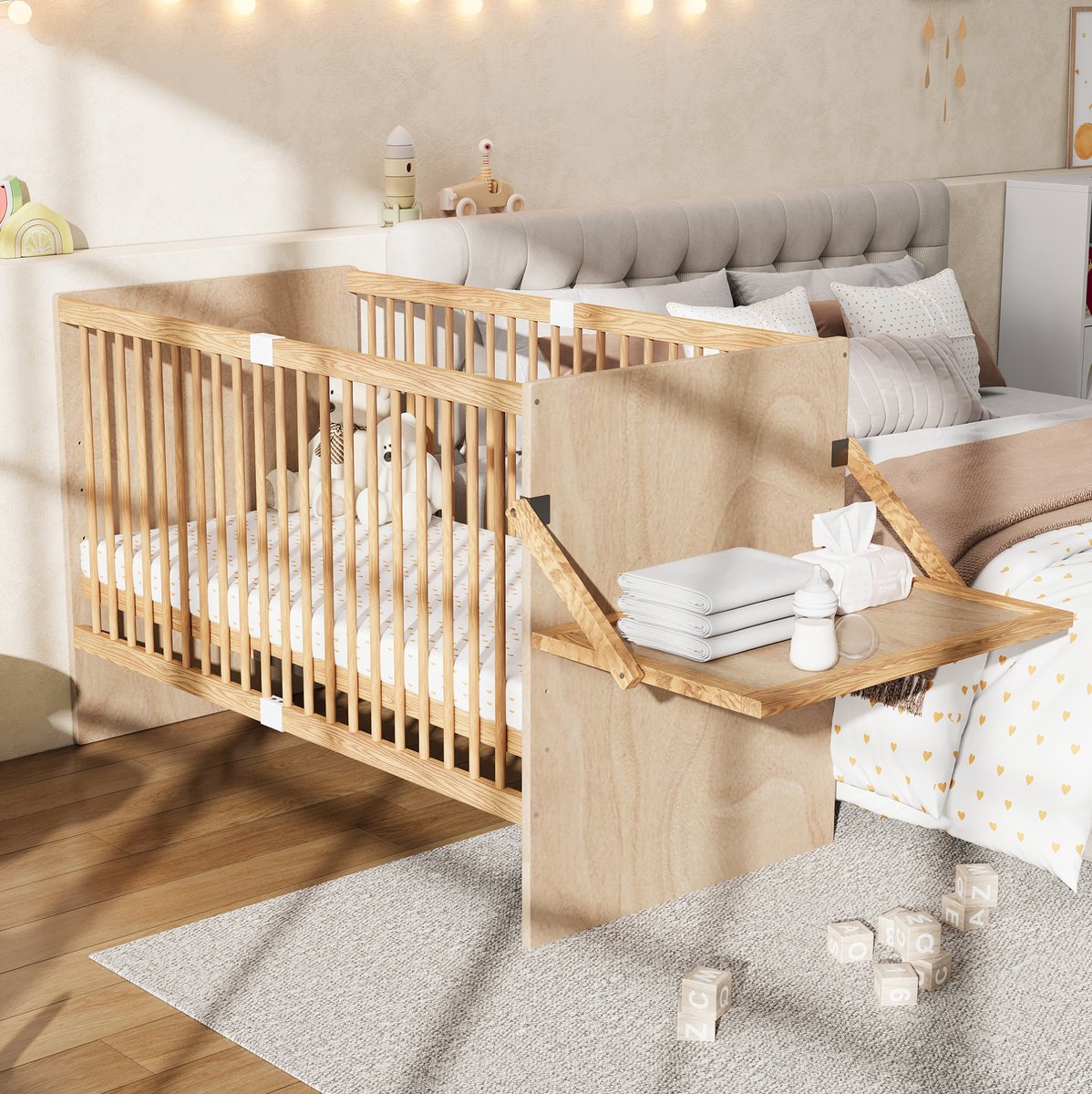 OKWISH Ledikant 70 x 140 cm - Multifunctioneel Babybed Met Uitklapbare Verschoontafel En 4 Hoogtestanden - Hout - Natuurlijk - Zonder Matras Natural