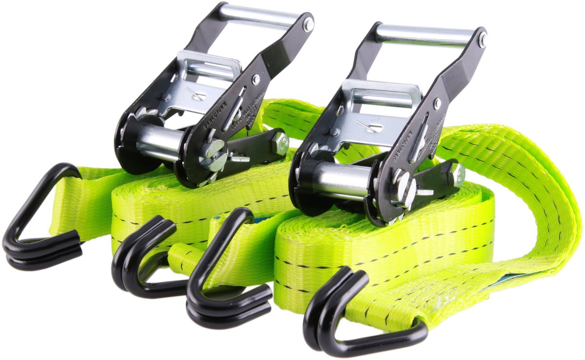 Famanu – Set van 2 professionele sjorbanden van 6 meter, 35 mm breed, neon-geel, met ratel en J-haak, belastbaar tot 2000 kg