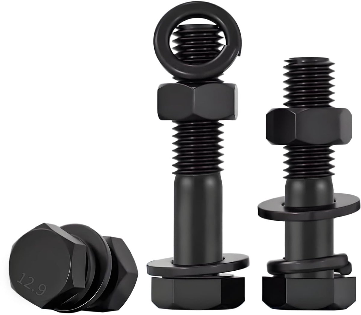 Hex Head Screws M14 x 70 mm, Half Thread, Grade 12.9, Black Steel Alloy, Hex Screws with Accessories, 4 Pieces Quantity - ShopVlot