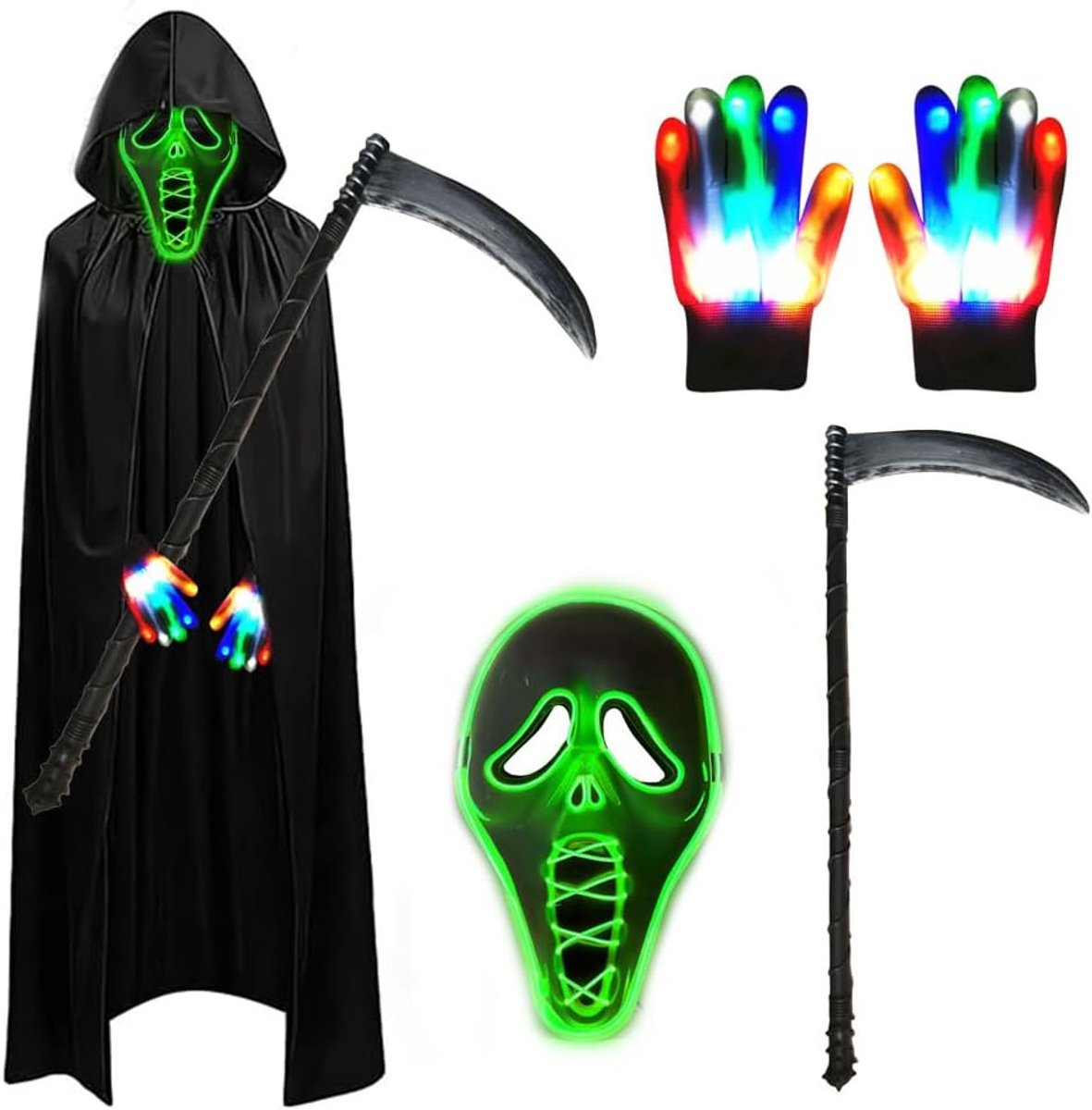 Halloween Costume Boys Sensenman Costume Adult Luminous Mask Set with Sensemann Cape and Scythe and Glow Gloves for - ShopVlot