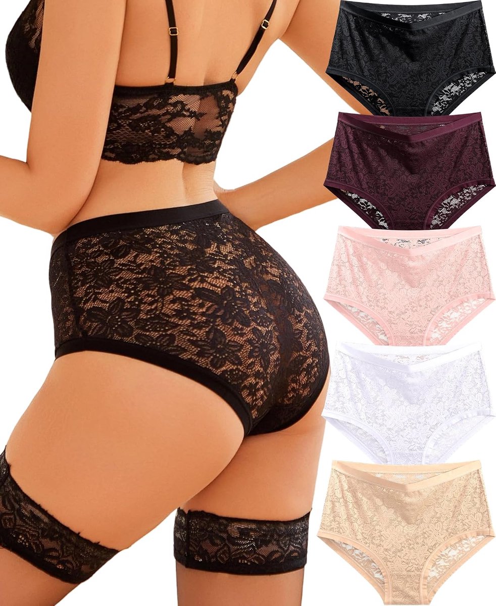 ALL OF ME Set van 5 onderbroeken voor dames, kanten ondergoed, sexy hoge taille, slip voor vrouwen, zacht en - ShopVlot