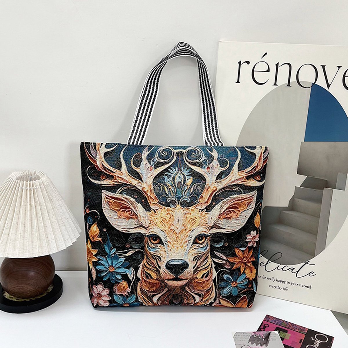 Canvas dames tote tas - 3D geborduurde vlinders - groot formaat - afmetingen 44 x 37 x 9 cm-Gouden hert