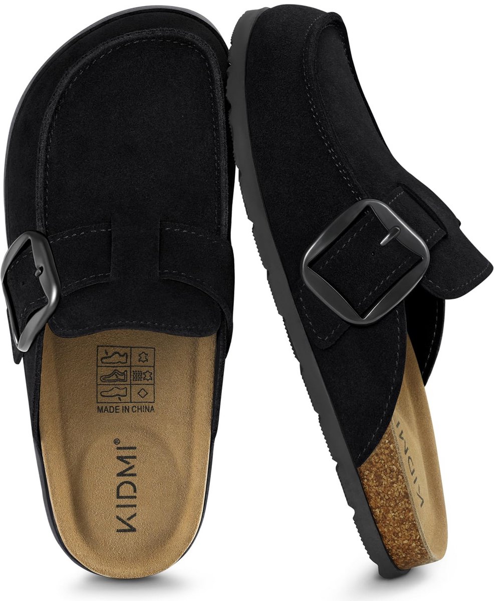Homaxy - Unisex Clogs – Koe suède – Houten clogs - Comfort slippers – Met Voetboogsteun – Zwart - 41- Geschikt voor een voetlengte van 25,7 cm