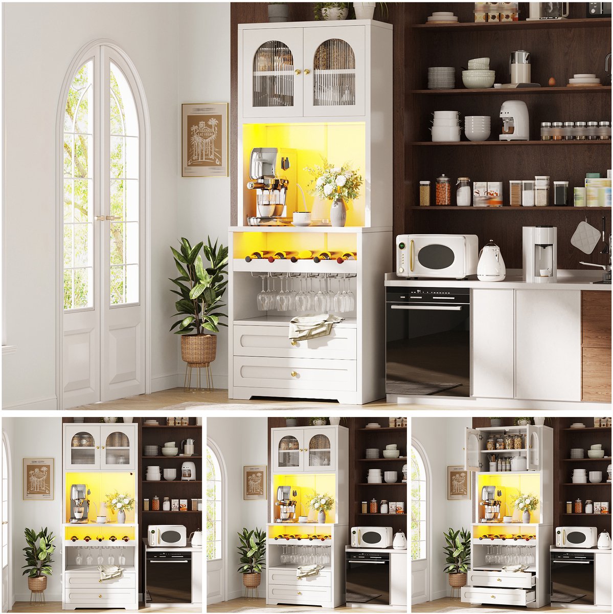Clruro Keukenkast - 70 x 40 x 180 cm - App-LED en Glazen Deuren - Wijnrek en USB - MDF/Metaal - Wit