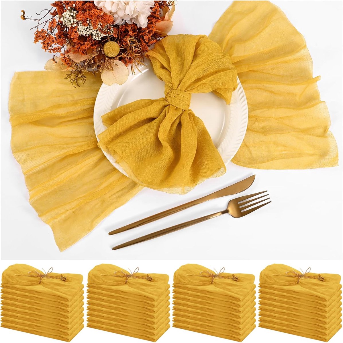 Teruntrue 30 Pieces Gold Fabric Napkins, 50 x 50 cm, Set of 30, Mesh Napkins, Boho Dining Table Napkins, Wedding - ShopVlot