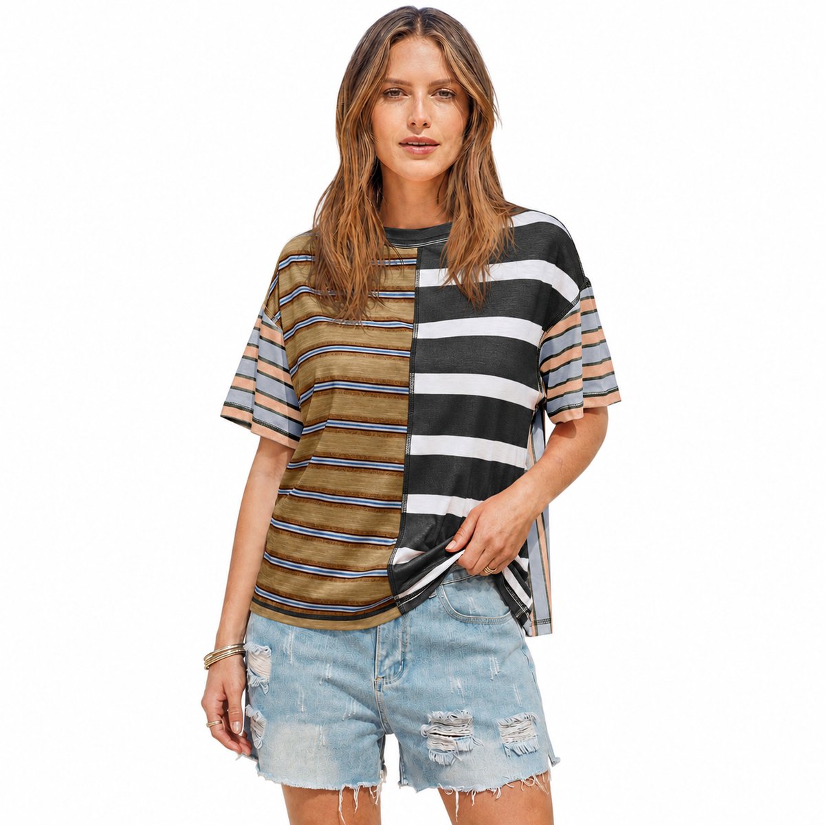Imily Bela Dames Oversized Gestreept T-shirt met Asymmetrische Zoom