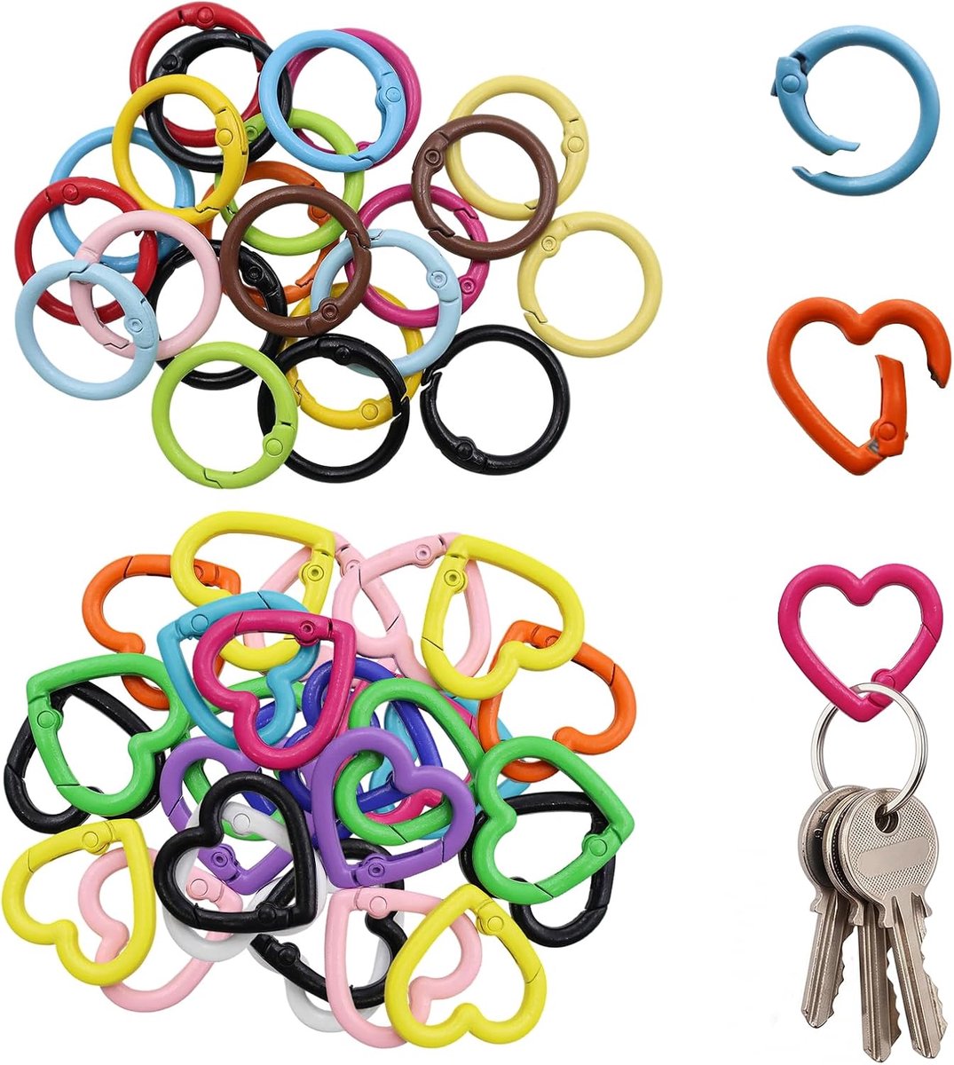 JIAC 60 stuks karabijnhaken, rond, veerringen voor tassen, ringen, kleurrijke veersleutelhangers, ronde karabijnhaken - ShopVlot