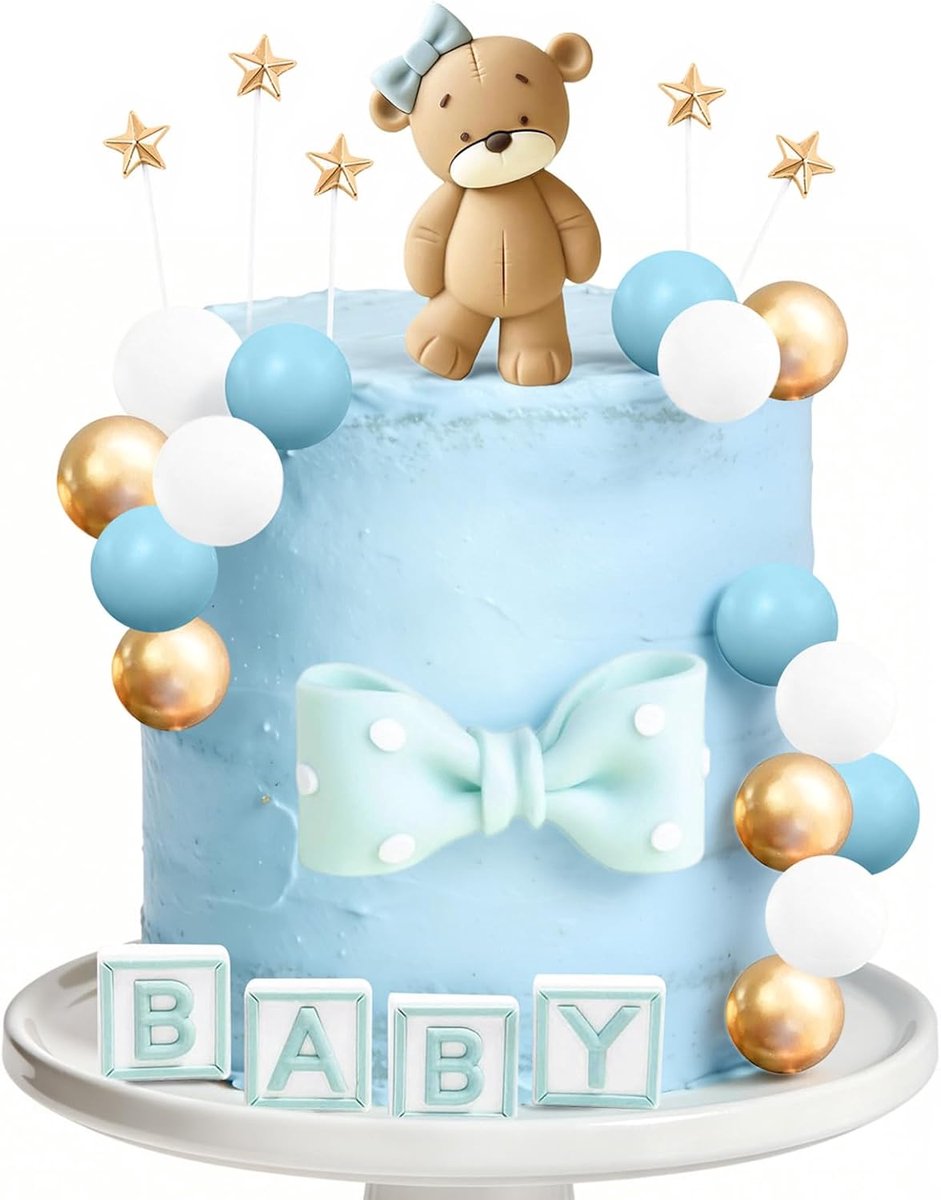 beer-set, 26 stuks toppers, voor verjaardag, mini-beer, schattige taarttopper, beer met strikken, ballen voor kinderen, verjaardagsfeestaccessoires (blauw)