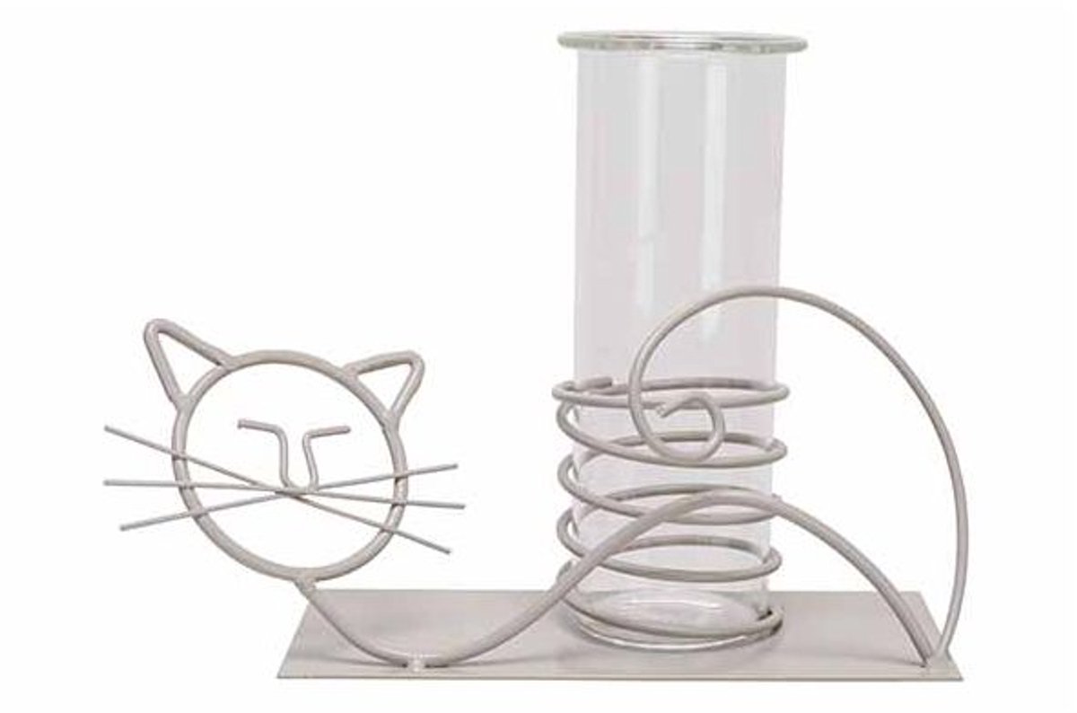 Vaas Cat Glass Tube 6x14.5cm Grijs 20,5x 8xh9cm Langwerpig Metaal
