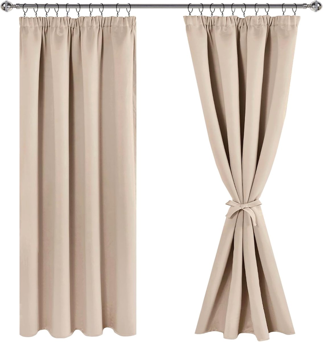 Gordijnen met roeselband, verduisteringsgordijnen, ondoorzichtige gordijnen, woonkamergordijnen, slaapkamer, thermische gordijnen, beige, H 175 x B 140 cm, set van 2