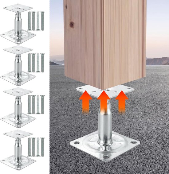 Set van 4 paaldragers, in hoogte verstelbaar, 100-145 mm, verzinkte paalschoen om vast te schroeven, steunvoet met schroeven, paalschoenen, verstelbare paalanker, steunvoet voor hekken, carport — afbeelding 2
