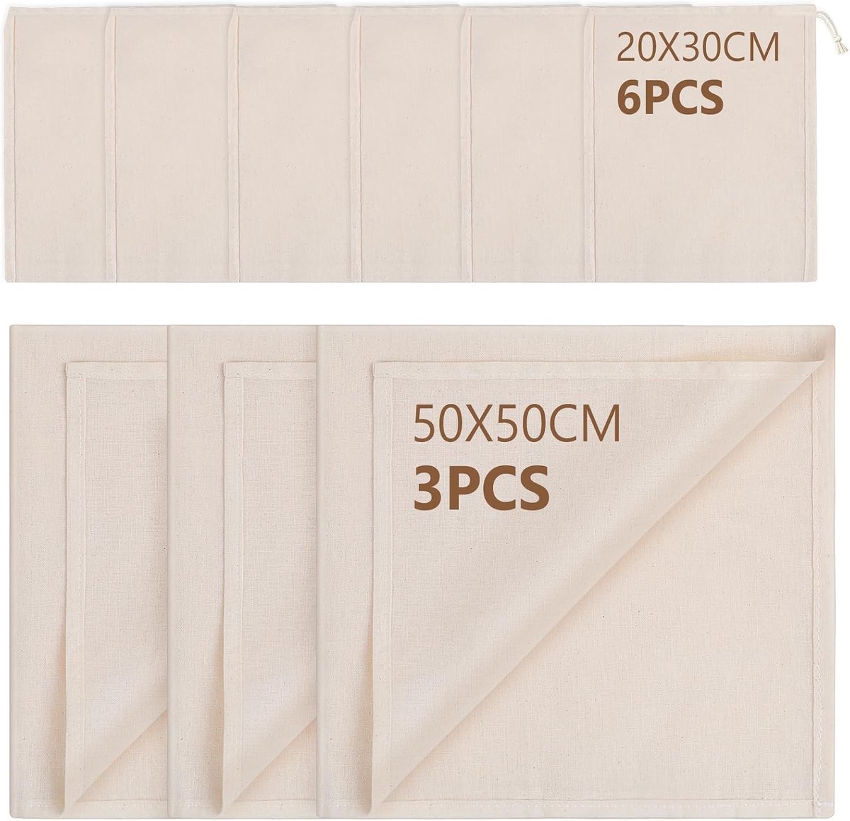 Set met 9 wondverbanden, 3 stuks voedselgaas 50 × 50 cm + 6 stuks filterzakken voor plantenmelk 20 × 30 cm, etamine voor de keuken voor het filteren van levensmiddelen, kaas en plantenmelk